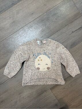 Zara Toddler Speckled Beige Moon Knit Sweater with Blue Text